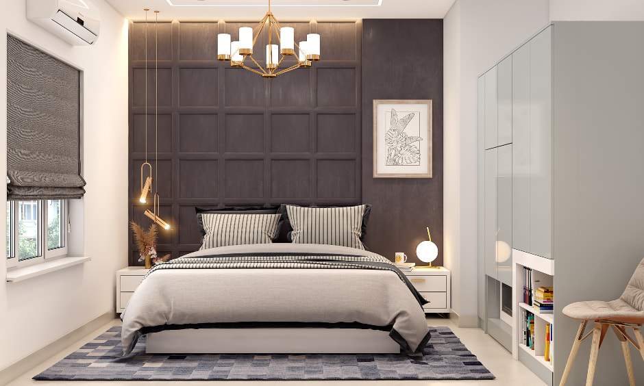 A white and gray bedroom with a king-sized bed