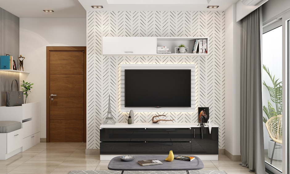 White and grey scandinavian living room feature tv unit with floating shelf