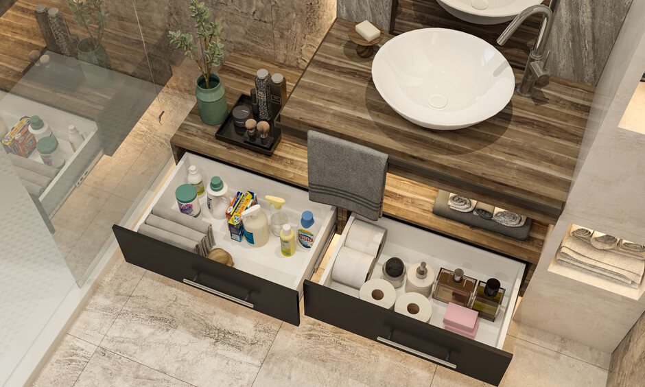 White and beige modern bathroom design with floating vanity and tall storage section.