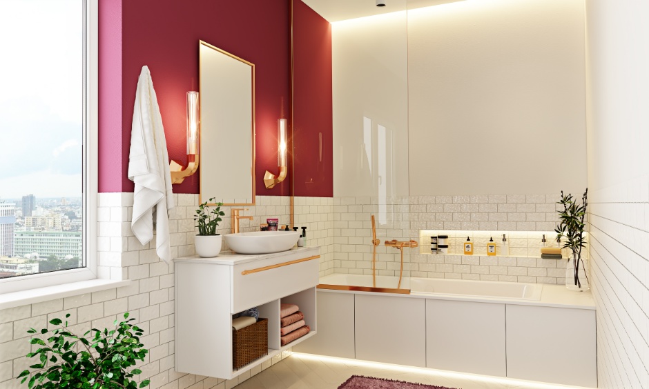 White tiled bathroom design with recessed shelf above bathtub and open shelving below sink.