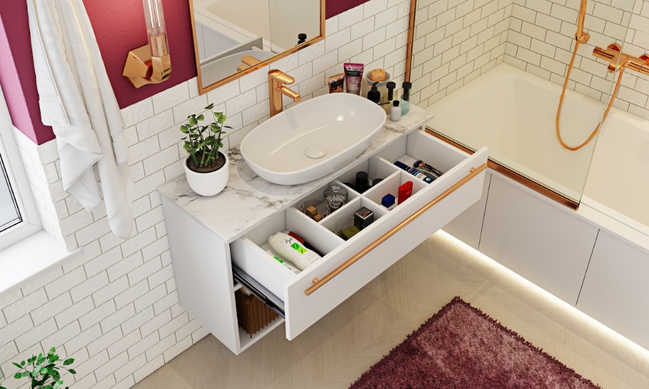 White and red luxe bathroom interior design with gold fixtures and dual vanity lights.