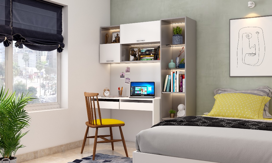 A white laminate study unit with an open box shelf