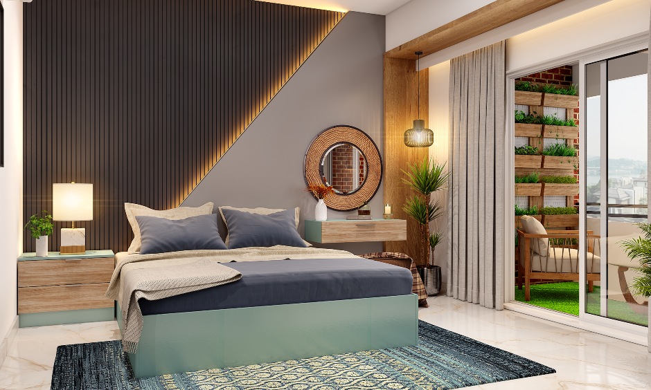 Wooden panel and grey bedroom design with balcony